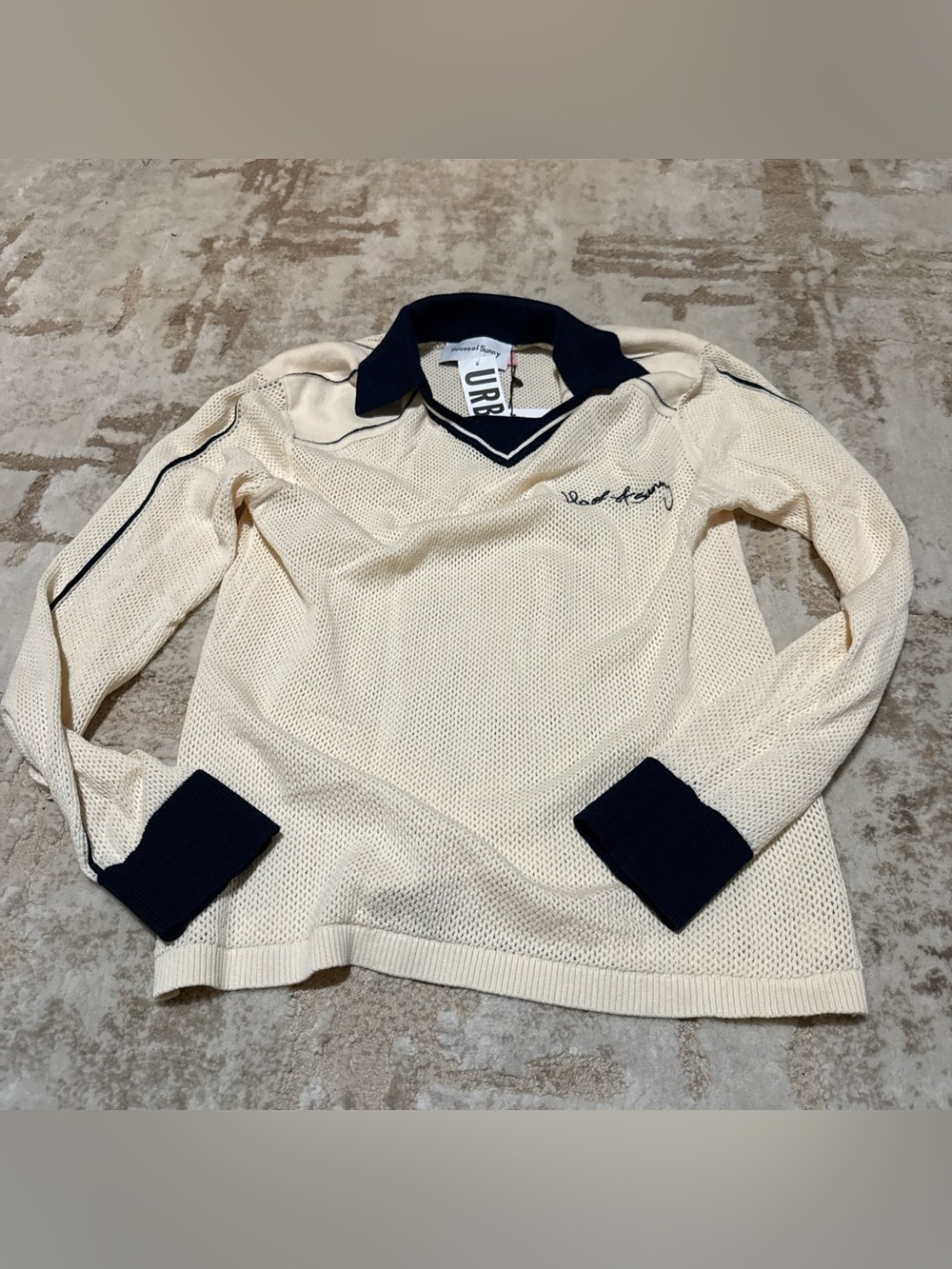 House of Sunny Cream and Navy Long Sleeve Mesh Polo Sweater